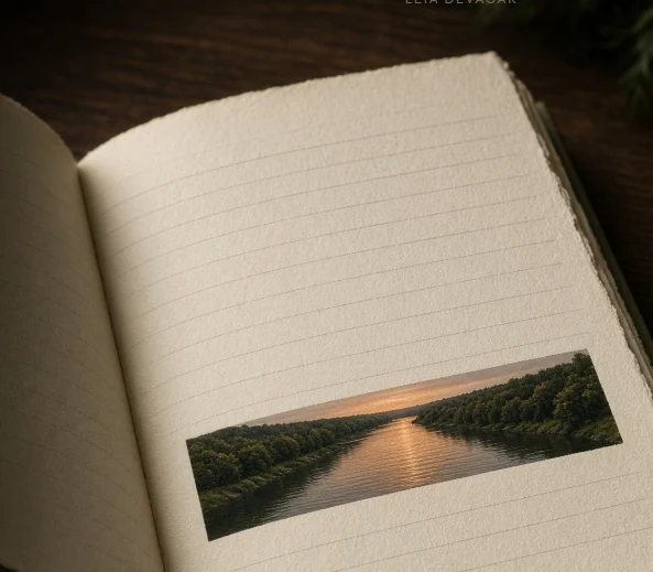 Caderno aberto com fotografia de um rio ao entardecer